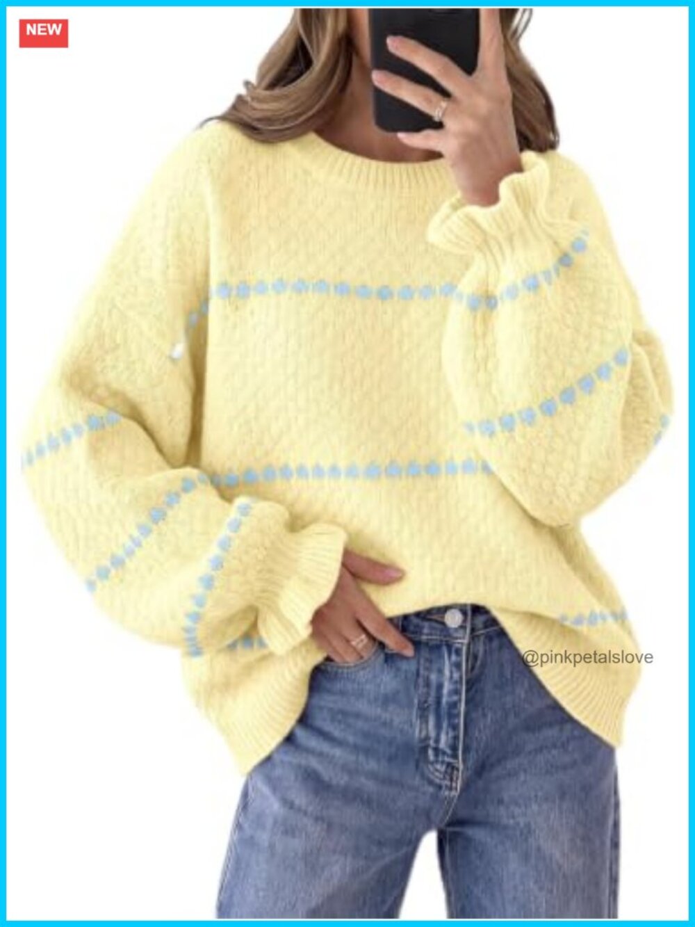 Womens Ruffle Heart Sweater Chunky Knit Pullover Crew Neck Lantern Sleeve